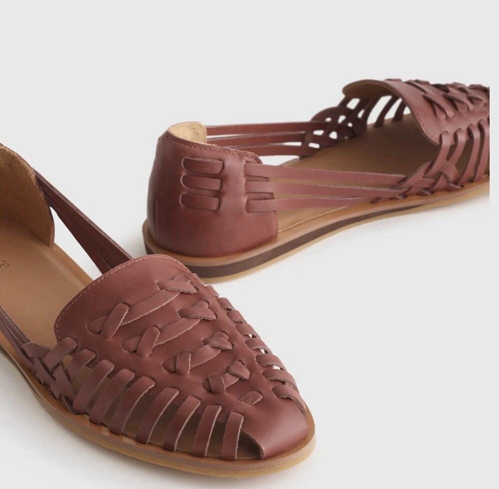 Quince Womenโs Brown Woven Leather Huarache Flats Color Brandy Size 9 Boho